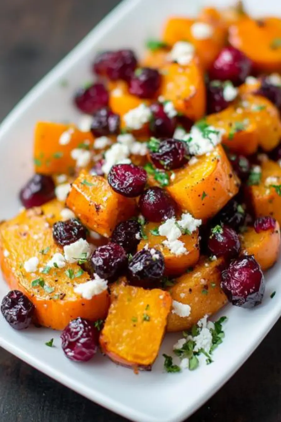 Honey Roasted Butternut Squash with Cranberries and Feta