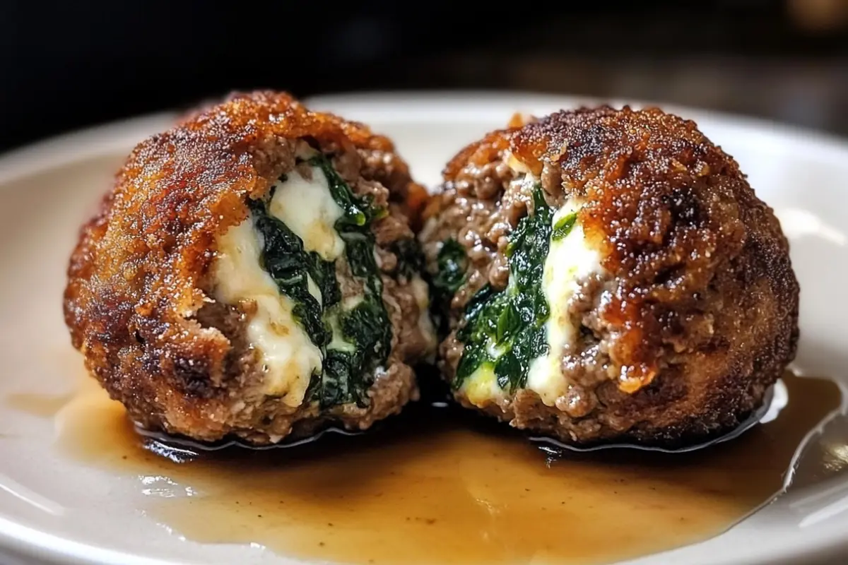 Spinach Garlic Meatballs Stuffed with Mozzarella