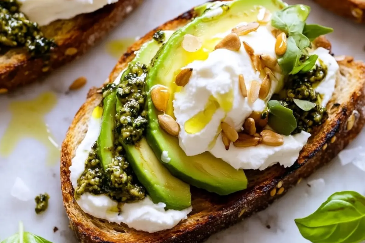 burrata avocado toast with basil vinaigrette