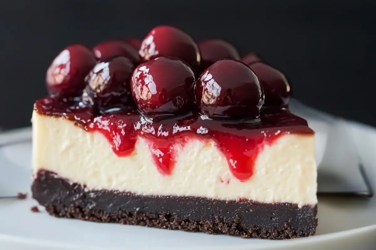 Cherry cheesecake with a brownie crust