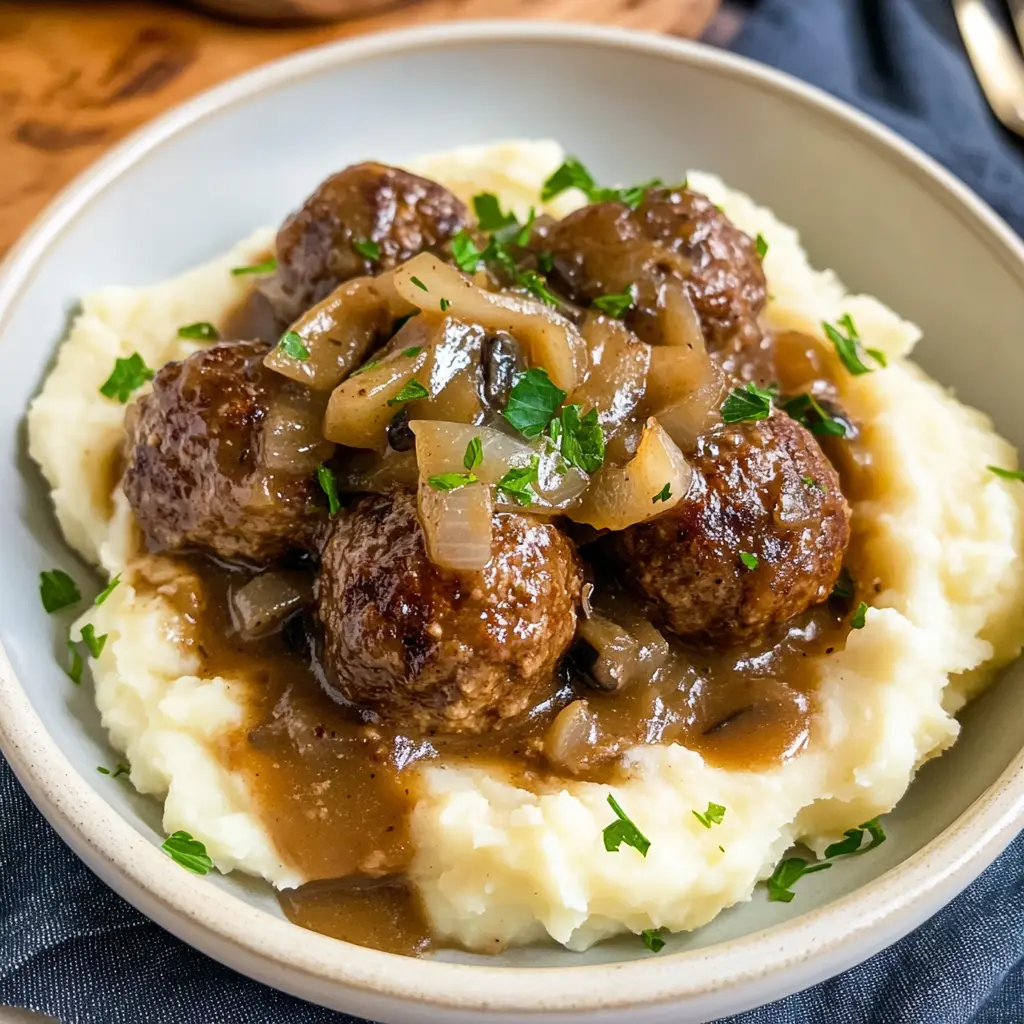 Salisbury Steak Meatballs Recipe with Beefy Onion Gravy