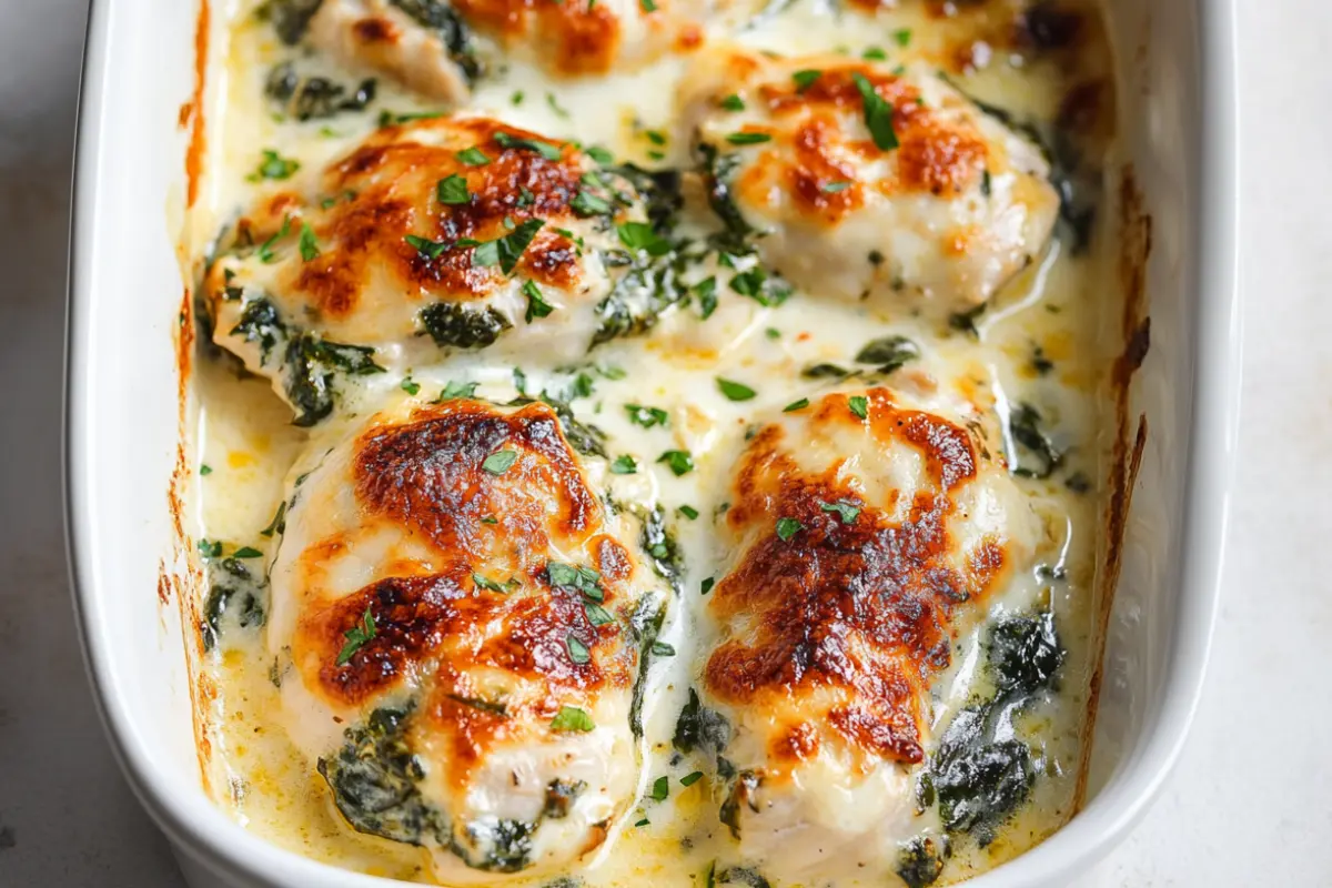 Spinach Chicken Casserole with Cream Cheese and Mozzarella