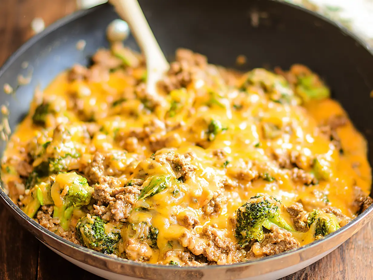 Low Carb Cheesy Beef and Broccoli Rice Skillet