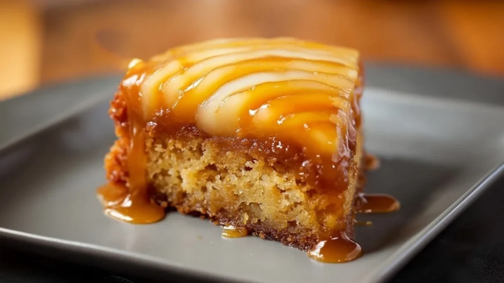 UPSIDE DOWN PEAR CAKE WITH BOURBON CARAMEL SAUCE