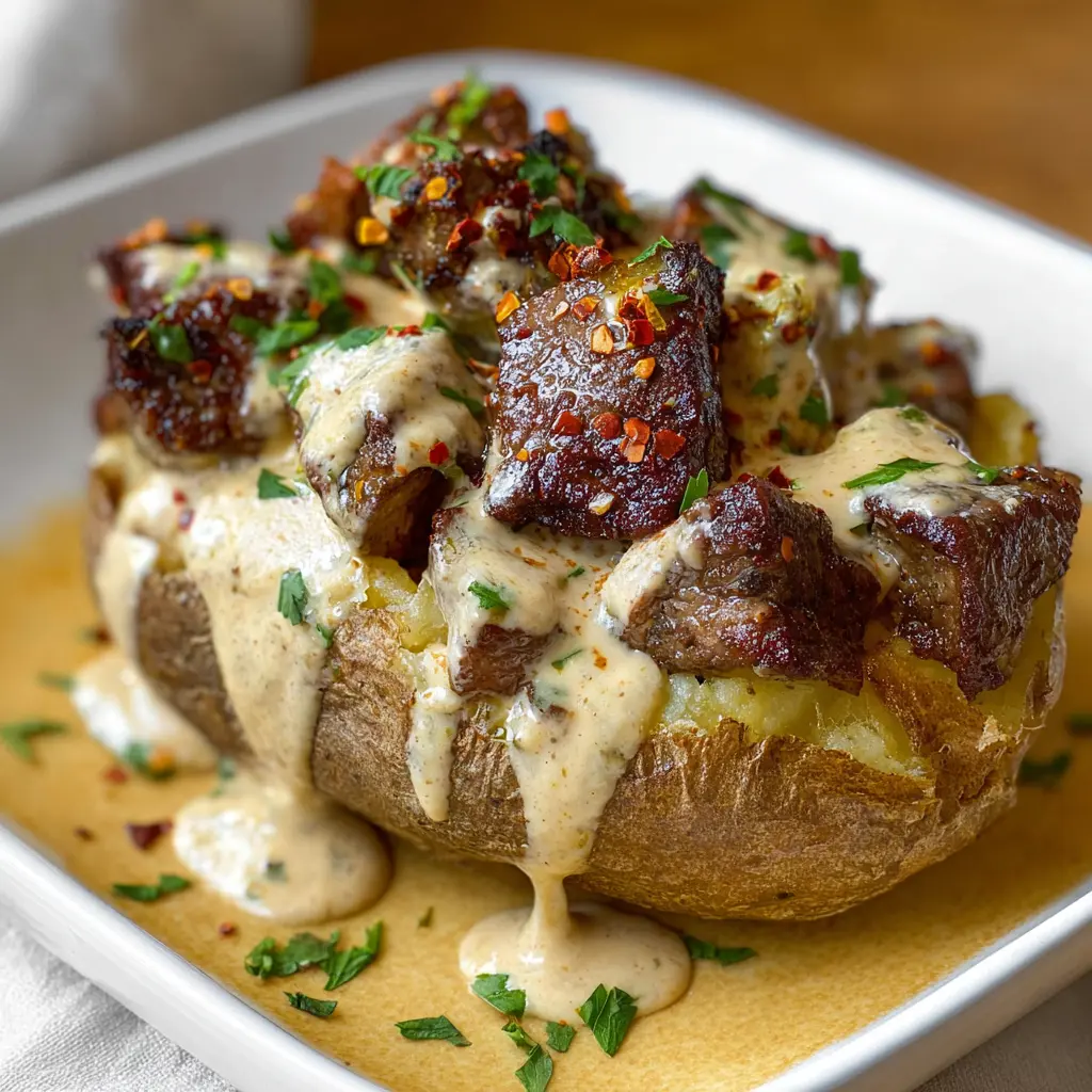 Garlic Butter Steak Bites loaded in a steakhouse