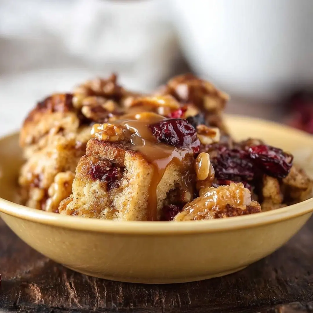 slow cooker cranberry walnut bread pudding with caramel sauce
