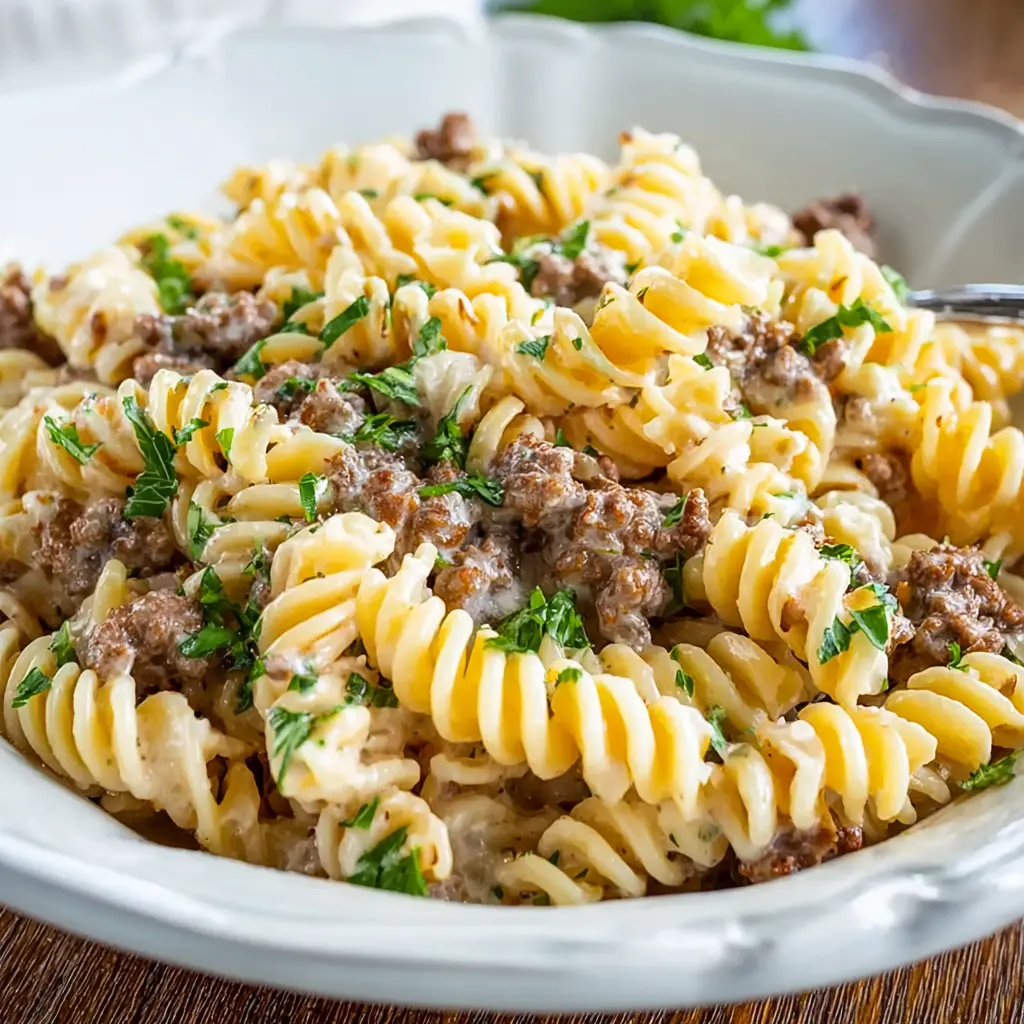 Beef anf Rotini and Garlic Parmesan Sauce
