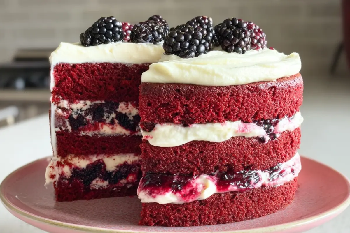 Red Velvet Cake With Blackberry Cream Cheese Whipped Frosting
