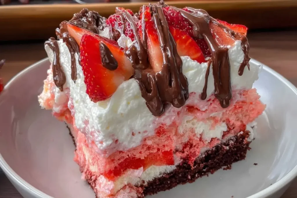 Chocolate Covered Strawberry Poke Cake